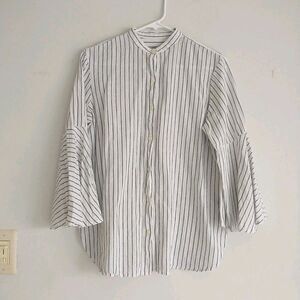 Chaps Ralph Lauren Top Women S/M*White Stripe LinenBlend Tab Collar Flare Sleeve